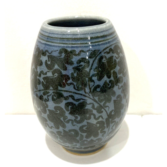 Vintage Art Pottery Mini or Bud Vase Handpainted Blue Brown Floral Glossy Signed - Picture 9 of 10